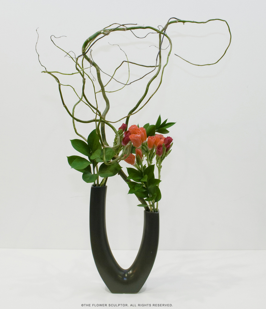 Godetia with Curly Willow and Italian Ruscus